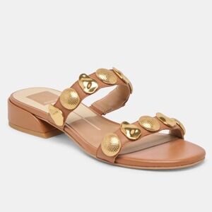DOLCE VITA Farrow Sandals Womens Size 7.5 Saddle Leather Tan Gold Slide Vacation